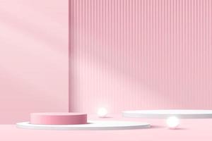 White, pink cylinder pedestal podium with shadow. Geometric platform. Abstract pink minimal wall scene. Glowing neon sphere ball. Vector rendering 3d geometric shape for product display presentation.