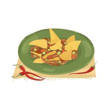 Nachos. Vector illustration of Traditional Mexican food. Corn chips with guacamole and meat. Mexican snacks.