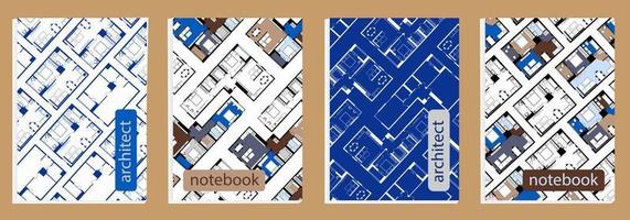 cuaderno de arquitecto. plantilla de portada para el diario de planificación. plano de planta del apartamento. establecer páginas con casa de plano técnico. vector. vector