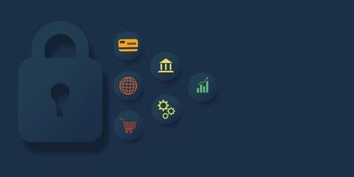 Cyber security concept. Locks and icons such as shopping, globes, credit cards, bank and data graphs on a dark blue background. Hacker protection and viruses on the Internet. vector