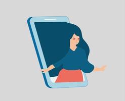 Vulnerable woman runs out of her cellphone. Girl feels solitude and loneliness on social media through mobile. Online network influence on mental health and psychological wellness. Vector illustration