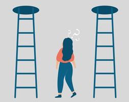 Woman has doubts between two paths. Girl in indecision to make her next step to the stairs that take to an unknown future. Professional opportunities, difficult life choice, decision making concept. vector