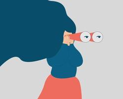 A young woman with flying hair looks through her big binoculars, looking for something far or watching someone. A girl is spying or people closely. espionage, exploration concept. Vector illustration.