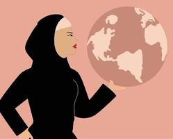 Feminist Arab middle east woman holding the world globe. Activist female with scarf rules and cares the world. Woman's empowerment movement, environment conservation or save the earth day concept. vector