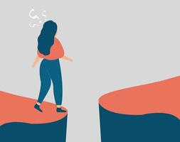 Young woman hesitates to take a difficult move forward into the future. Girl stands on the edge of a cliff and looks to the next step. Concept of indecision, life choice, plans making. Vector stock.