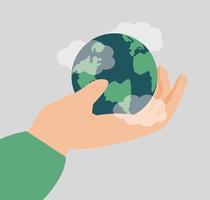 Big human hand cares for the mother earth. Man or woman holds the Green planet and puts it on the palm. Concept of international earth day, save and protect the globe, environment conservation. Vector