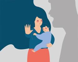 A young mother protects her child from a man's shadow that threats and yell at them. Concept of family abuse, domestic violence, motherhood, negative parenting, Stop bullying children and women. vector