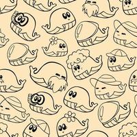 Cartoon Little Whale Black Line on soft orange background Seamless Pattern. Abstract art print. Design for paper, covers, cards, fabrics, interior items and any. Vector illustration about animal.