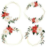 watercolor christmas flower bouquet wreath with gold frame collection vector