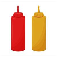 Ketchup and mustard isolated on white background in flat style stock objects. Plastic bottles in red and yellow color. Tube with sauce for fast food. Vector illustration