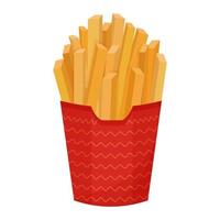 A pile of french fries, full red paper pack, isolated fast food on white background. Delicious, colorful snack, object. . Vector illustration