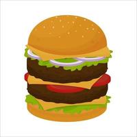 Hamburger Classic Burger American Cheeseburger with Lettuce Tomato Onion Cheese Beef and Sauce Close up isolated on white Background. Fast Food. Vector illustration