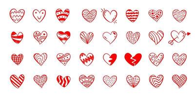 Red handwritten hearts in different styles and shapes. vector