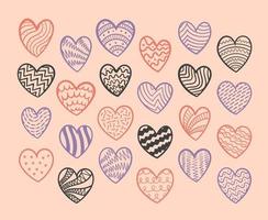 Red handwritten hearts in different styles and shapes. vector