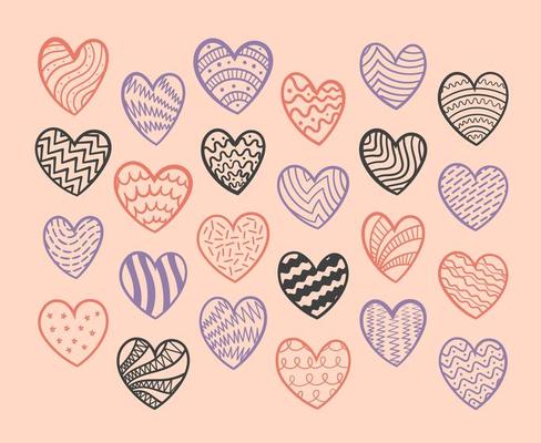 Red handwritten hearts in different styles and shapes.