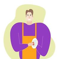 Man washing dishes vector illustration. Gender equality. Doing houshold chores. Image for articles, social media, infographics, cards.