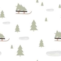 patrón simple de invierno sin costuras con bosque de abetos y trineo, ilustración vectorial plana en blanco. lindo fondo navideño para tela infantil o textil y papel de regalo hygge. vector