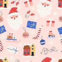 Vintage Christmas seamless pattern - flat vector illustration on pink background. Great for wrapping paper and greeting card. Santa Claus, sleigh, gift, ornament and winter house.