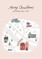 Merry Christmas and Happy New Year poster with winter map with road, river, houses and trees - flat vector illustration. Hand drawn holiday greeting card with seasonal elements.