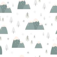 Winter village seamless pattern with mountains and for tree forest, flat vector illustration on white background. Cute pattern for Christmas and kids cloth design. Simple and minimalist elements.