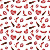 seamless pattern with womens shoes, lipstick, kisses vector