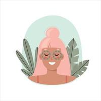 portrait of a young woman with pink hair and glasses on the background of plants,  flat illustration. vector