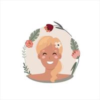 retrato de una joven europea sobre un fondo de flores, ilustración vectorial plana. vector