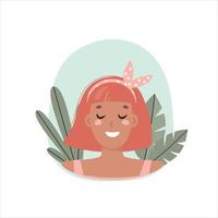portrait of a young woman with orange hair on the background of plants, vector flat illustration.