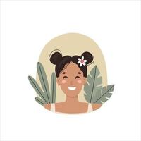 portrait of a young woman on the background of plants, vector flat illustration.