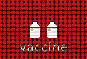 two vaccine bottle and text on red coronavirus disease pattern. vector