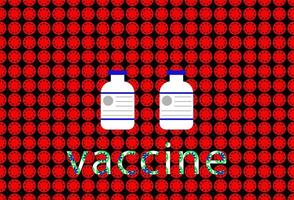 two vaccine bottle and text on red coronavirus disease pattern. vector