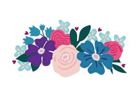 Beautiful cute hand drawn flowers and leaves in a bouquet. Roses, forget-me-nots, bluebells, daisies. Vector flat illustration, for Womens Day, birthday, wedding, retro style