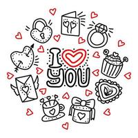 conjunto de iconos de vector de doodle de día de San Valentín dibujados a mano. día de san valentín corazones de amor, tazas, regalos, magdalenas, tarjetas, cartas, anillos, candados, iconos de mensajes de sobres