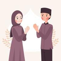 Cute muslim couple celebrating eid and ramadan greeting concept vector