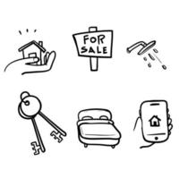 hand drawn Simple Set of Real Estate Related Vector Line Icons. with doodle style vector