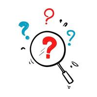 hand drawn magnifying glass and looking through it at interrogation points. Concept of frequently asked questions, query, investigation, search for information in doodle style vector