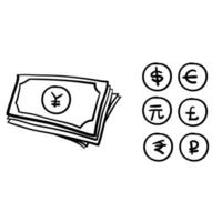 Set of hand drawn the most popular currency symbol. Dollar, euro, yen, yuan, pound, rupee, ruble signs doodle vector