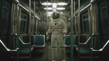 Astronaut Inside of the old non-modernized subway car in USA video