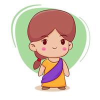 lindo personaje de dibujos animados de indio con sari estilo dibujado a mano carácter plano fondo aislado vector