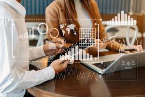 Intelligence and business analytics with key performance indicators dashboard concept.StartUp Programming as Fintech concept.Business team meeting. Photo professional investor