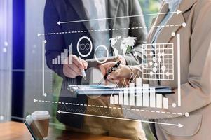 Intelligence and business analytics with key performance indicators dashboard concept.StartUp Programming as Fintech concept.Business team meeting. Photo professional investor
