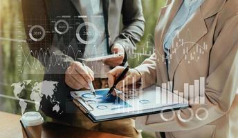 Data Management System with Business Analytics concept. business team hands working with provide information for Key Performance Indicators and marketing analysis onn virtual photo