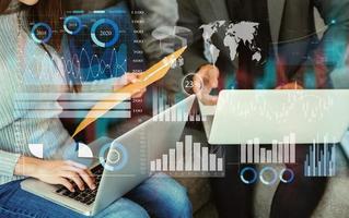 Data Management System with Business Analytics concept. business team hands working with provide information for Key Performance Indicators and marketing analysis onn photo