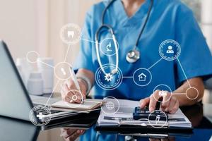 edicine doctor and stethoscope using tablet with icon medical network connection on virtual Modern medical photo