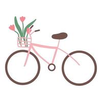 Pink bicycle with flowers in a basket. Spring pink bike with tulips. Spring illustration. Vector illustration in hand drawn style.