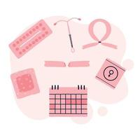 Types of contraception. Female contraceptives. Pills, calendar, patch, condom and coil. Vector illustration in a flat style. Poster with contraception.World contraception day.