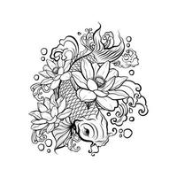 outline koi fish, water waves and lotus flowers. vector