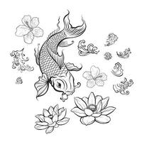 outline koi fish, water waves, lotus and hibiscus flowers. vector