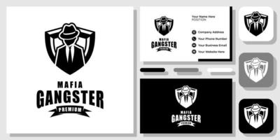 Mafia Shield Gangster Criminal Human Suit Mysterious Spy Hat Tie Logo Design Business Card Template vector