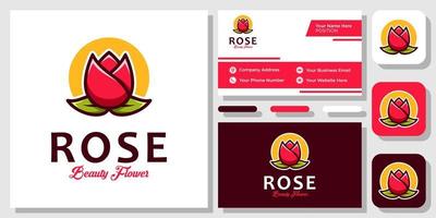 Rose Plant Blossom Flower Beauty Leaf Plant Bouquet Garden Logo Design with Business Card Template vector